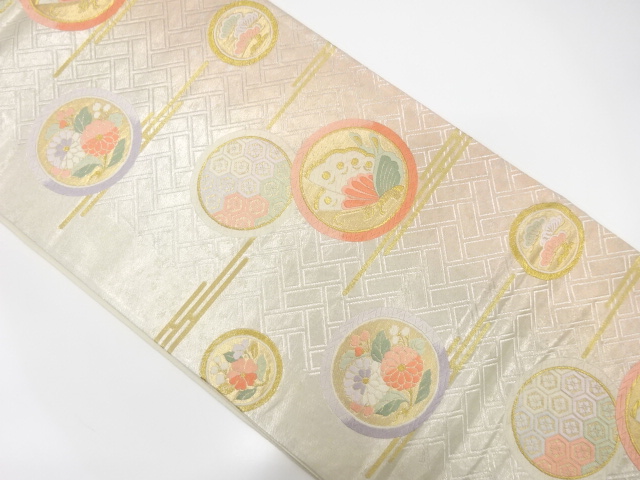 ヱ霞に丸紋・蝶模様織り出し袋帯